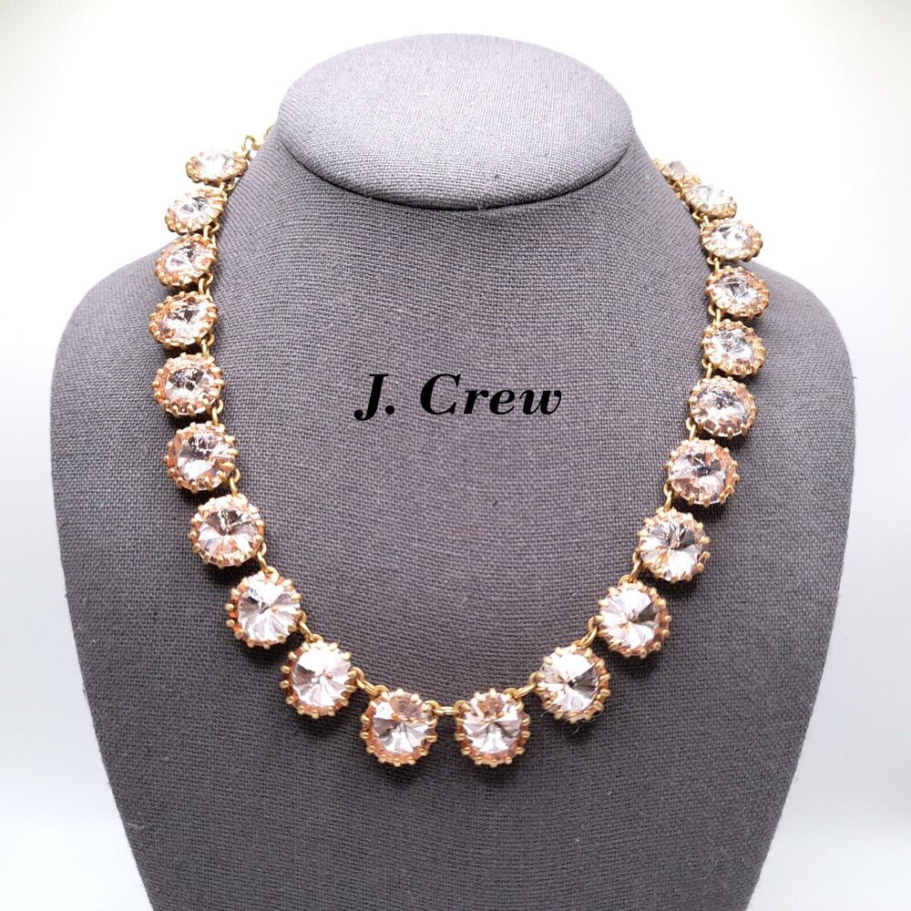 J CREW Brass and Glass Necklace Rivoli Rhinestones 21 Inch